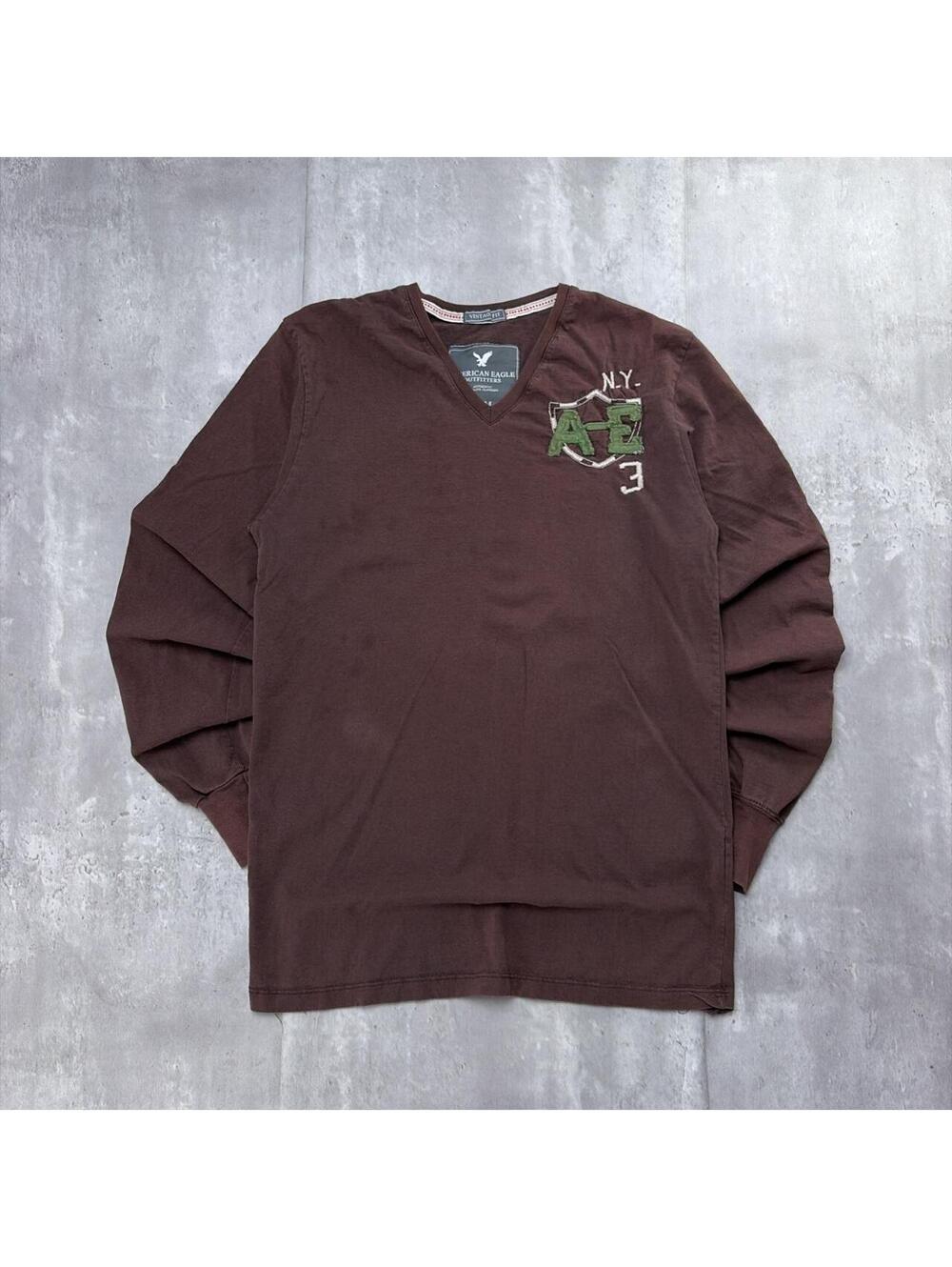 Y2K Brown American Eagle Grunge Distressed Long Sleeve Shirt